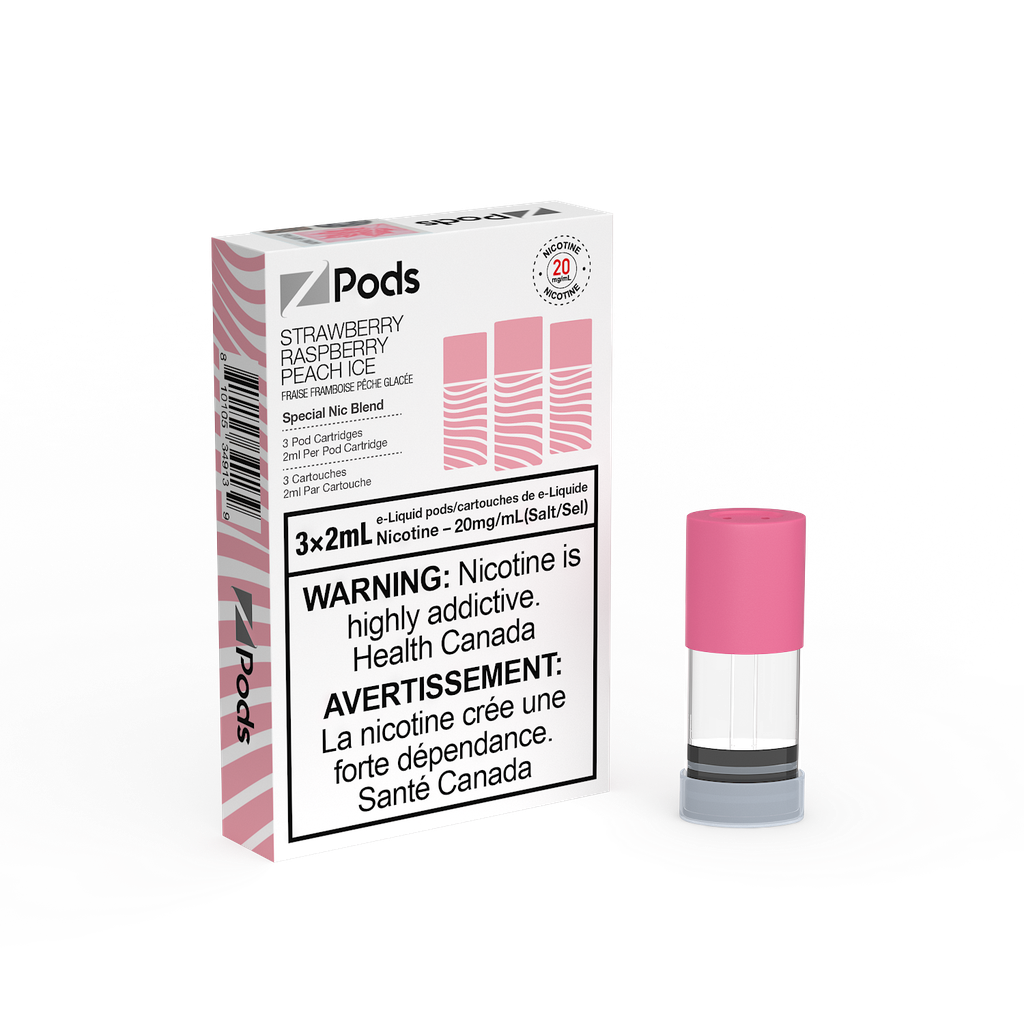 Z Pods Strawberry Raspberry Peach Ice prefilled pods with 400 puffs per pod and stacked cotton coils in Canada