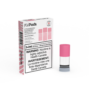 Z Pods Strawberry Raspberry Peach Ice prefilled pods with 400 puffs per pod and stacked cotton coils in Canada