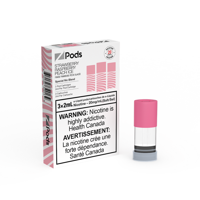 Z Pods Strawberry Raspberry Peach Ice prefilled pods with 400 puffs per pod and stacked cotton coils in Canada