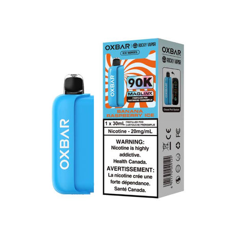 Banana Raspberry Ice OXBAR x Rocky Vapor Maglink 90K 30mL prefilled pod with retail box, 20mg/mL nicotine, Canada