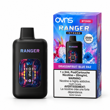 Illustrative studio rendering of Dragonfruit Blue Raz OVNS Ranger Intense 3500 disposable vape and matching concept box