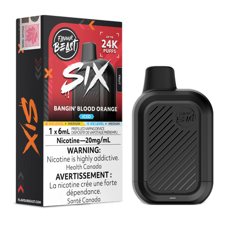Bangin' Blood Orange Iced Flavour Beast SIX 24K disposable vape device and original flavour packaging