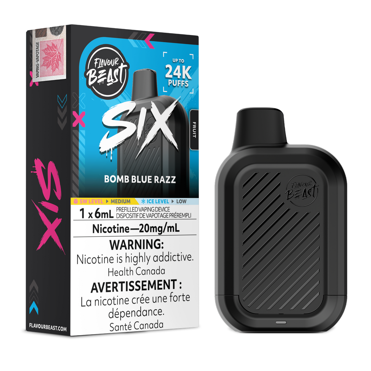 Bomb Blue Razz Flavour Beast SIX 24K disposable vape device and original flavour packaging