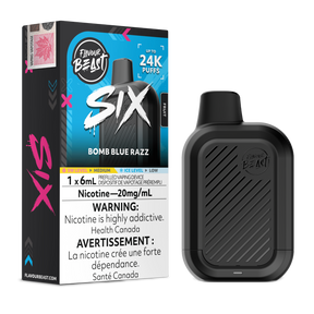 Bomb Blue Razz Flavour Beast SIX 24K disposable vape device and original flavour packaging