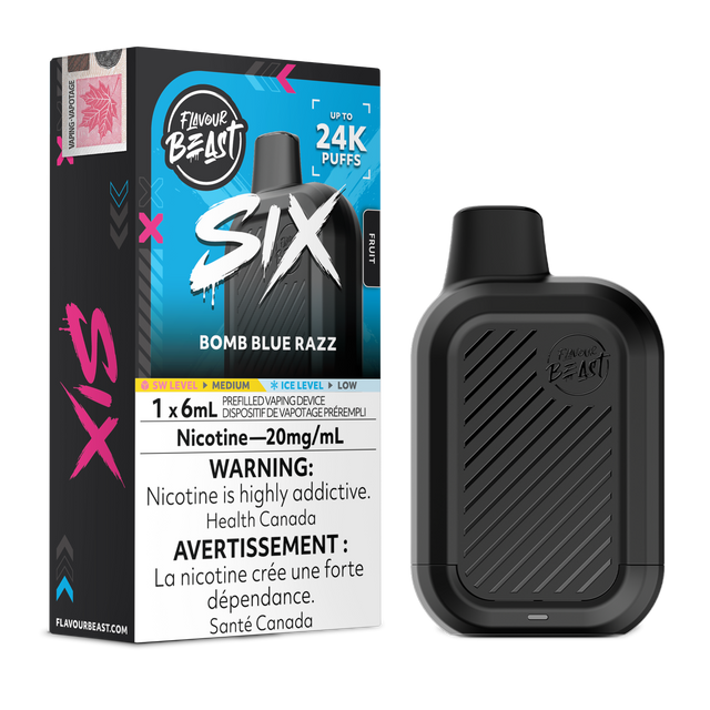Bomb Blue Razz Flavour Beast SIX 24K disposable vape device and original flavour packaging