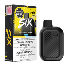Bussin Banana Iced Flavour Beast SIX 24K disposable vape device and original flavour packaging