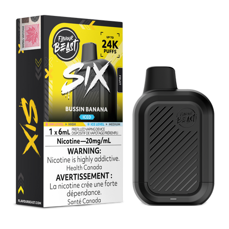 Bussin Banana Iced Flavour Beast SIX 24K disposable vape device and original flavour packaging