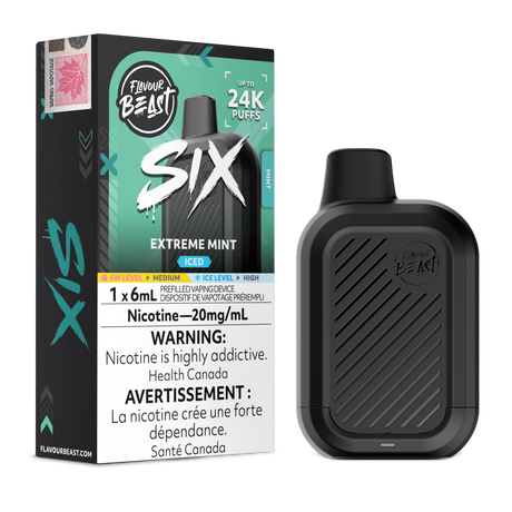 Extreme Mint Iced Flavour Beast SIX 24K disposable vape device and original flavour packaging