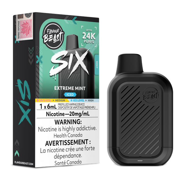Extreme Mint Iced Flavour Beast SIX 24K disposable vape device and original flavour packaging