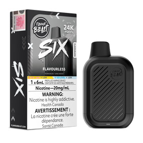 Flavourless Flavour Beast SIX 24K disposable vape device and original flavour packaging