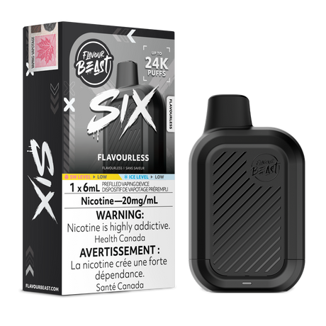 Flavourless Flavour Beast SIX 24K disposable vape device and original flavour packaging