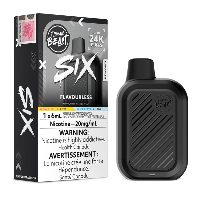 Flavourless Flavour Beast SIX 24K disposable vape device and original flavour packaging