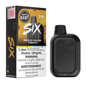 Good Ol' Golden Tobacco Flavour Beast SIX 24K disposable vape device and original flavour packaging