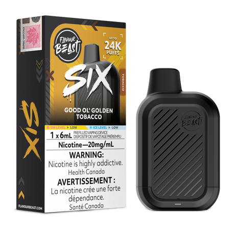 Good Ol' Golden Tobacco Flavour Beast SIX 24K disposable vape device and original flavour packaging