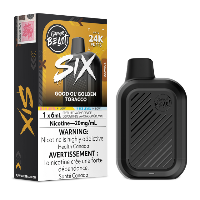 Good Ol' Golden Tobacco Flavour Beast SIX 24K disposable vape device and original flavour packaging