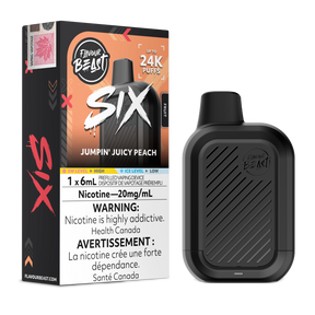 Jumpin' Juicy Peach Flavour Beast SIX 24K disposable vape device and original flavour packaging