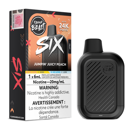 Jumpin' Juicy Peach Flavour Beast SIX 24K disposable vape device and original flavour packaging