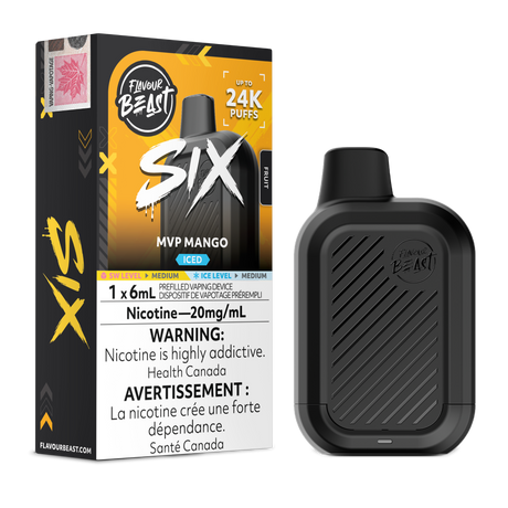 MVP Mango Iced Flavour Beast SIX 24K disposable vape device and original flavour packaging