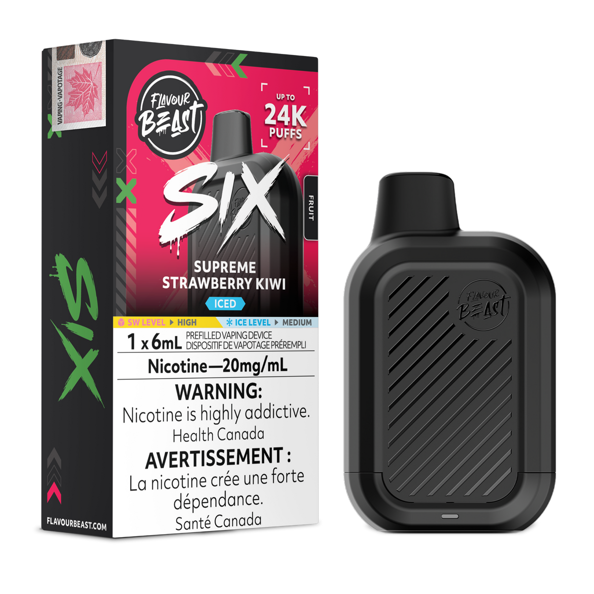 Supreme Strawberry Kiwi Iced Flavour Beast SIX 24K disposable vape with flavour box and black device