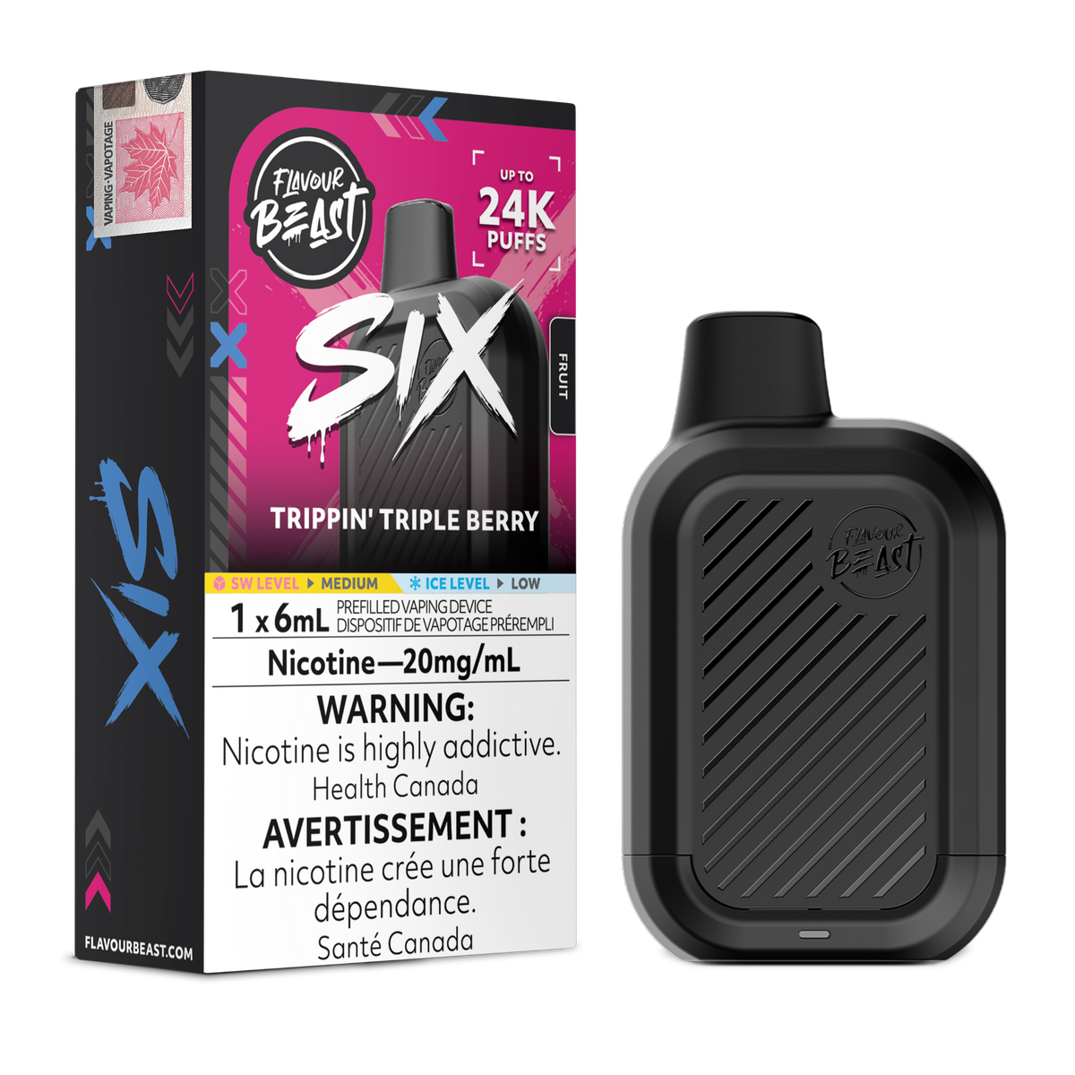 Trippin' Triple Berry Flavour Beast SIX 24K disposable vape with flavour box and black device