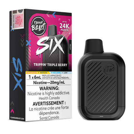 Trippin' Triple Berry Flavour Beast SIX 24K disposable vape with flavour box and black device