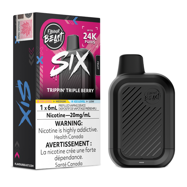 Trippin' Triple Berry Flavour Beast SIX 24K disposable vape with flavour box and black device