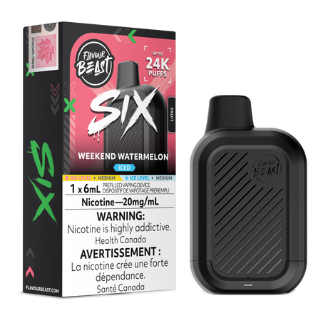 Weekend Watermelon Iced Flavour Beast SIX 24K disposable vape with flavour box and black device