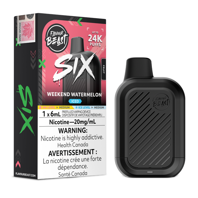 Weekend Watermelon Iced Flavour Beast SIX 24K disposable vape with flavour box and black device
