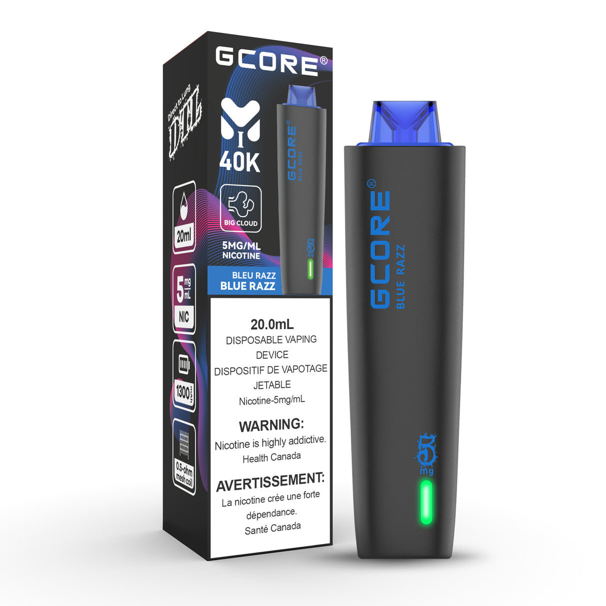 Blue razz - GCORE Hookah Disposable Vaping Device - 40K Puffs - 5mg/ml nicotine - 20ml e-liquid - DTL