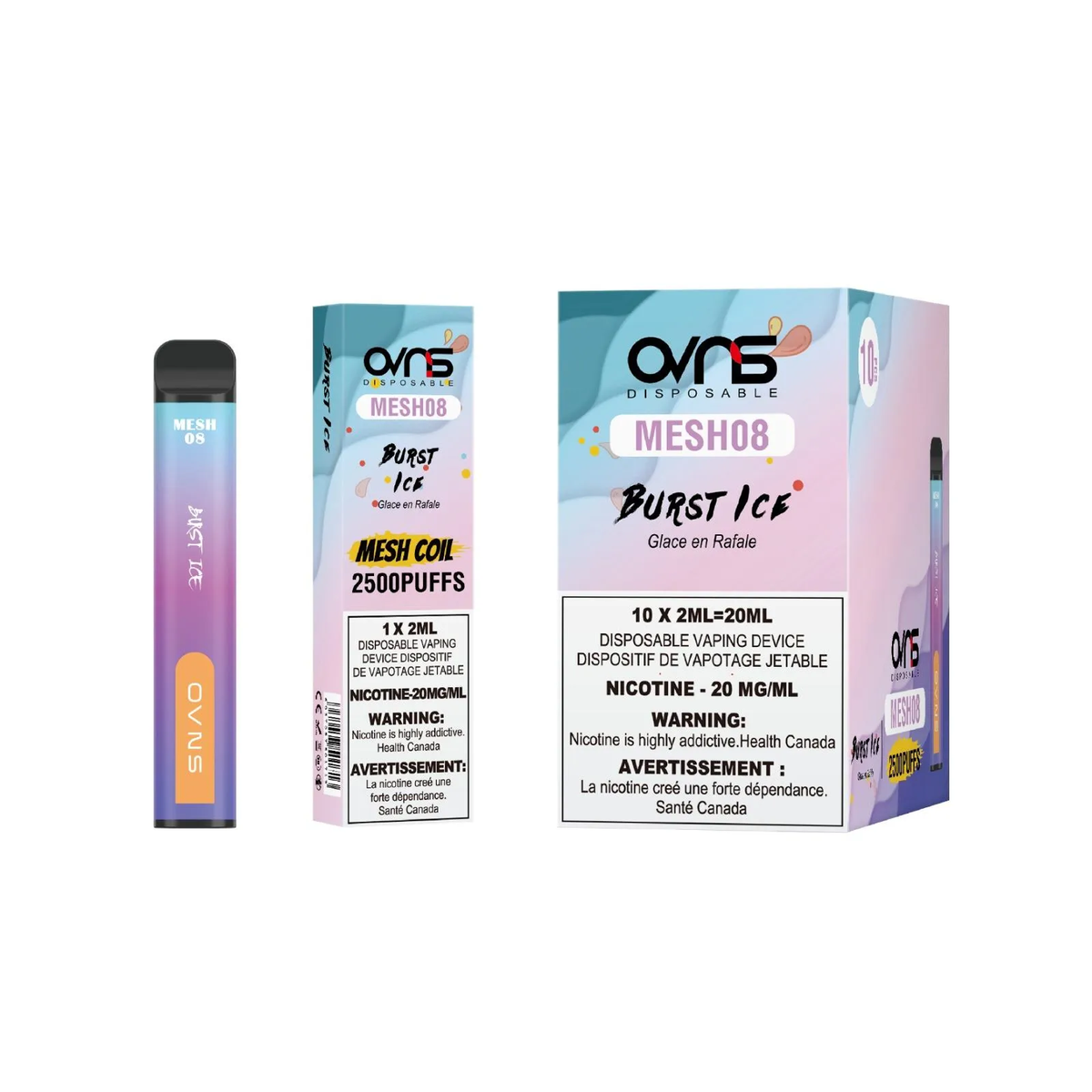 OVNS 2500 MESH08 disposable vape with Burst Ice packaging