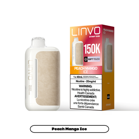 Peach Mango Ice Linvo Star 150K disposable vape device and packaging