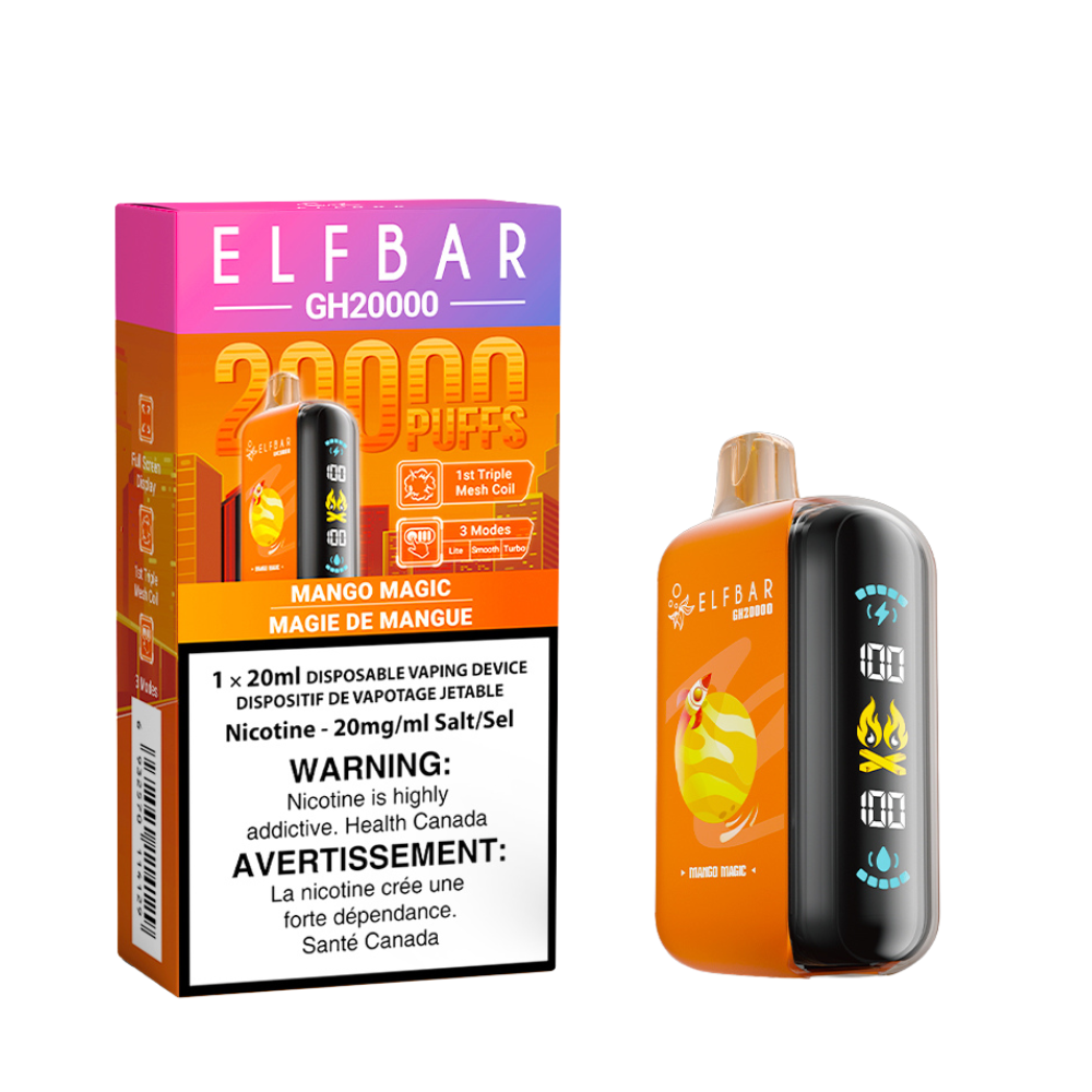 Elf Bar GH20000 Disposable Vape - Mango Magic Flavour - 20mg/ml nicotine strength, 20ml e-liquid capacity.