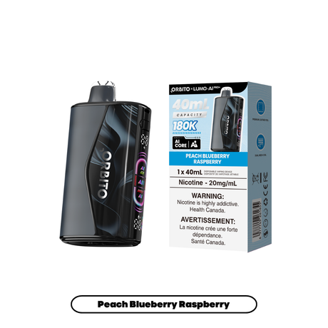 Peach Blueberry Raspberry ORBITO LUMO AI Pro+ 180K disposable vape, 40mL, 20mg/mL, Canada