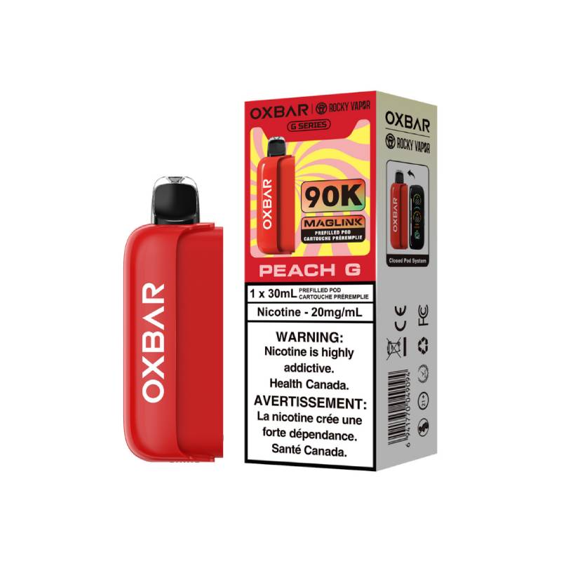 Peach G OXBAR x Rocky Vapor Maglink 90K 30mL prefilled pod with retail box, 20mg/mL nicotine, Canada