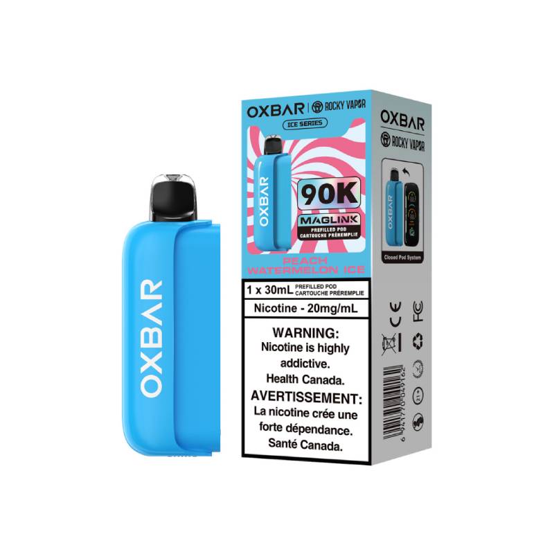 Peach Watermelon Ice OXBAR x Rocky Vapor Maglink 90K 30mL prefilled pod with retail box, 20mg/mL nicotine, Canada