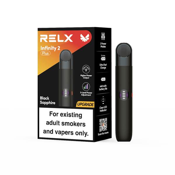 RELX Infinity 2 Plus Black Sapphire pod device and original retail packaging box