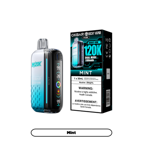 Rocky Vapor Oxbar M120K Mint disposable vape and package