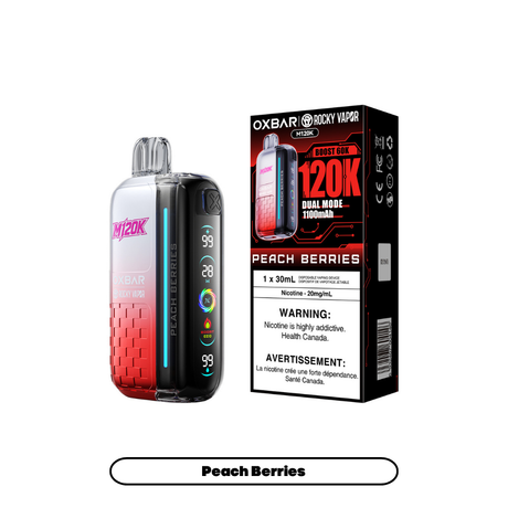 Rocky Vapor Oxbar M120K Peach Berries disposable vape and package