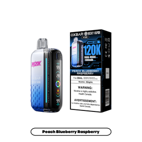Rocky Vapor Oxbar M120K Peach Blueberry Raspberry disposable vape and package