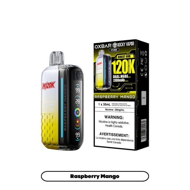 Rocky Vapor Oxbar M120K Raspberry Mango disposable vape and package