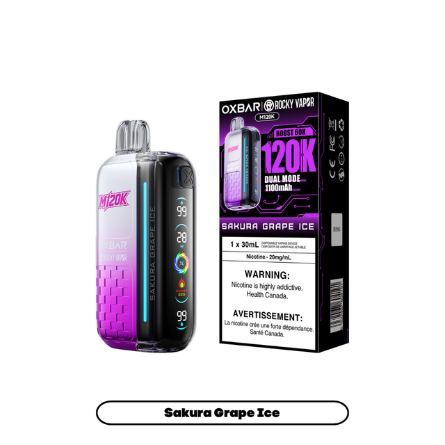 Rocky Vapor Oxbar M120K Sakura Grape Ice disposable vape and package