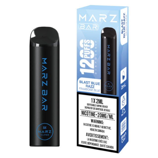 Blast Blue Razz Marz Bar 1200 Puffs Disposable Vape with blue raspberry flavor.