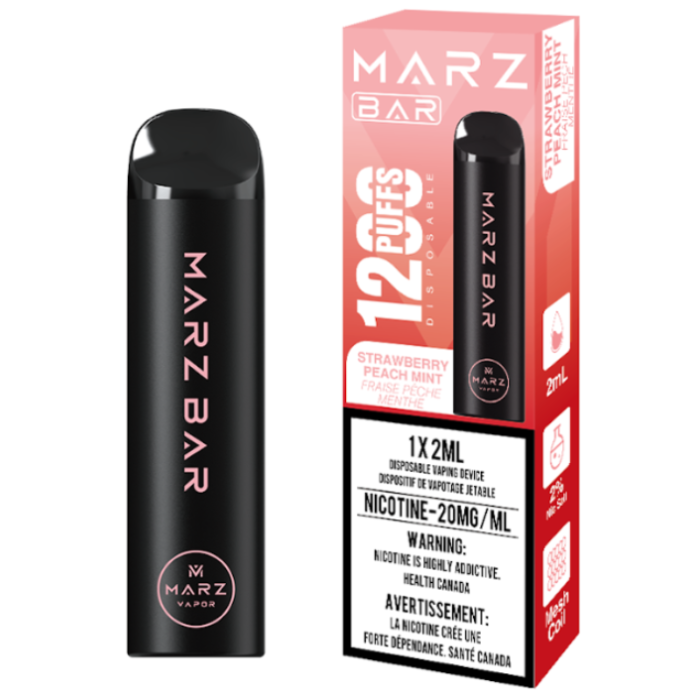 Strawberry Peach Mint Marz Bar 1200 Puffs Disposable Vape with a blend of strawberries, peaches, and mint.