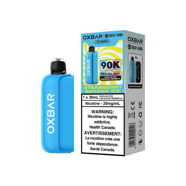 Strawberry Banana Ice OXBAR x Rocky Vapor Maglink 90K 30mL prefilled pod with retail box, 20mg/mL nicotine, Canada