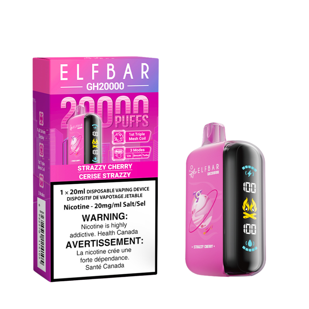 Elf Bar GH20000 Disposable Vape - Strazzy Cherry Flavour - 20mg/ml nicotine strength, 20ml e-liquid capacity.