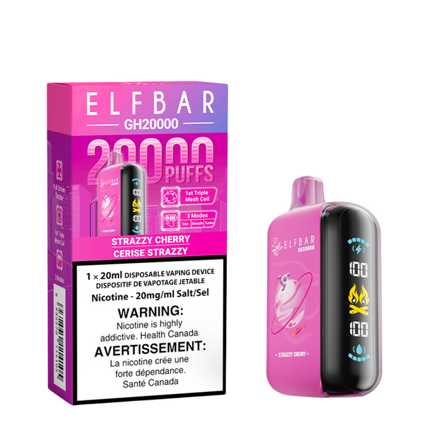 Elf Bar GH20000 Disposable Vape - Strazzy Cherry Flavour - 20mg/ml nicotine strength, 20ml e-liquid capacity.